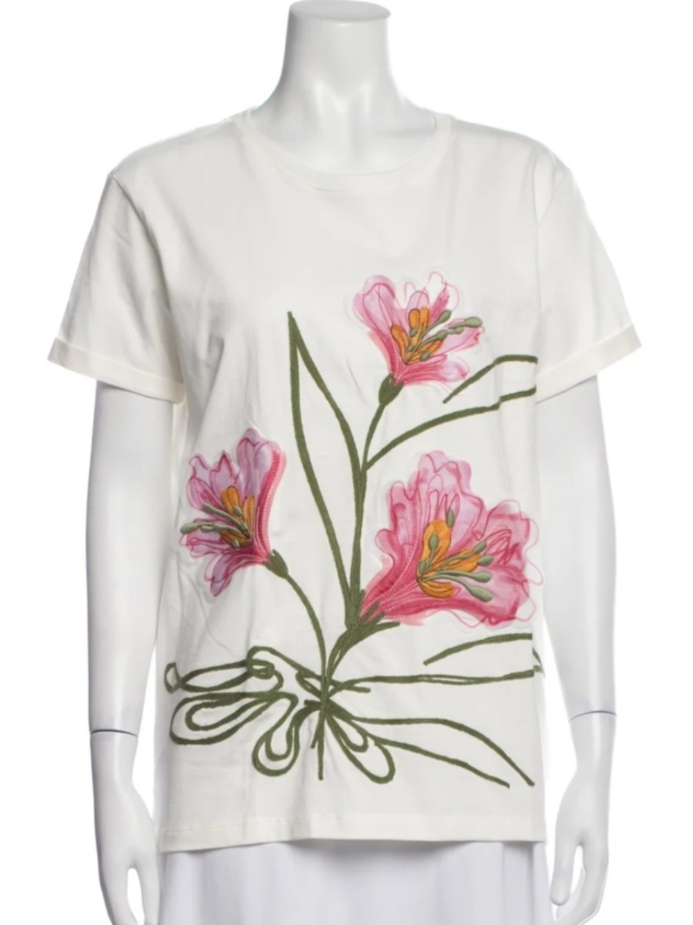 Agua Bendita Floral Embroidered Crew Neck Short Sleeve T-Shirt Gea Top Womens S